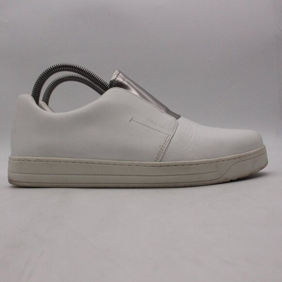 Prada Women's Size EU39.5 Slip On Sneakers White Leather Silver Sneakers